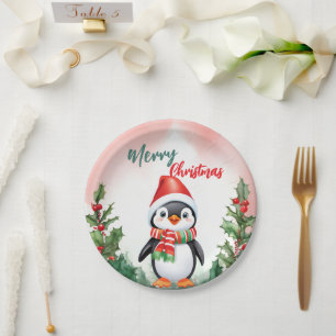 Funny Merry Christmas Wreath Cute penguin sea Paper Plate