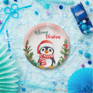 Funny Merry Christmas Wreath Cute penguin sea Paper Plate