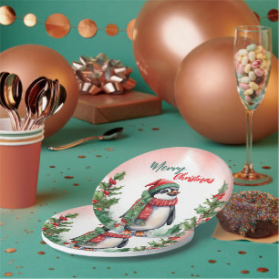 Funny Merry Christmas Wreath Cute penguin sea Paper Plate