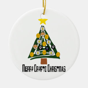 Funny Merry Crypto Christmas Tree with Crypto Coin Ceramic Ornament