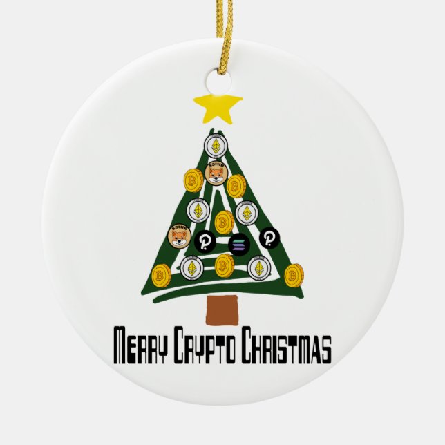 Funny Merry Crypto Christmas Tree with Crypto Coin Ceramic Ornament (Front)