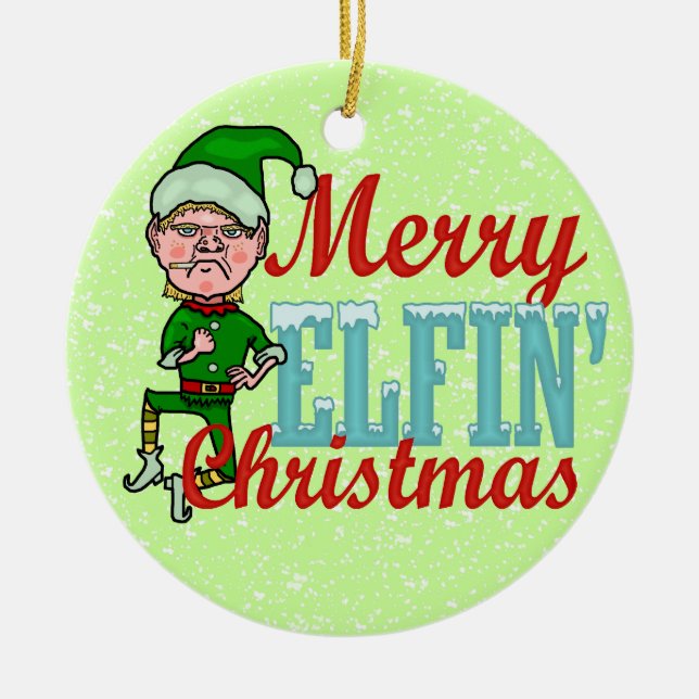 Funny Merry Elfin Christmas Bah Humbug Ceramic Tree Decoration (Front)