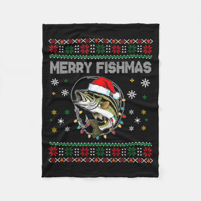 Funny Merry Fishmas B Fishing Christmas Ugly Sweat Fleece Blanket (Front)