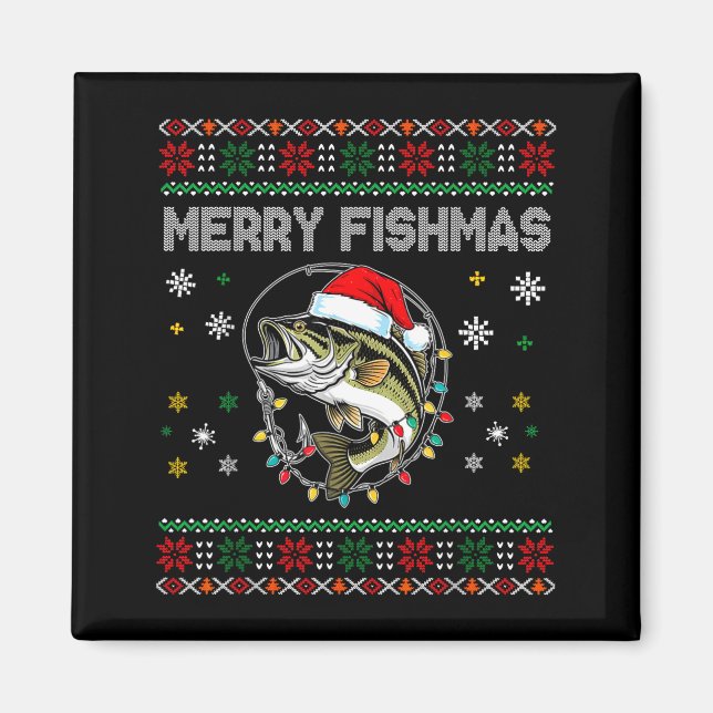 Funny Merry Fishmas B Fishing Christmas Ugly Sweat Magnet (Front)