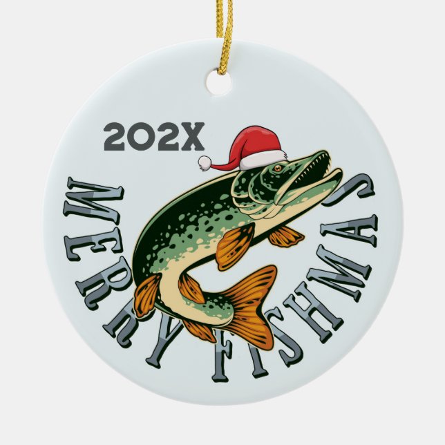 Funny Merry Fishmas Santa Fish Ceramic Ornament (Front)