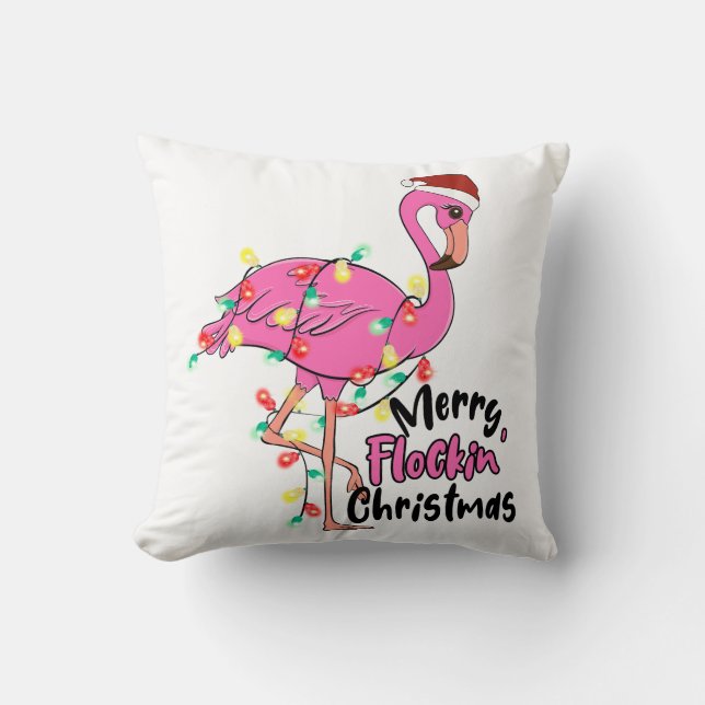 Funny Merry Flockin Christmas Flamingo Cushion (Front)