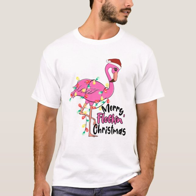 Funny Merry Flockin Christmas Flamingo T-Shirt (Front)