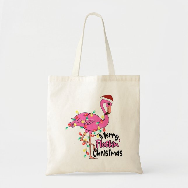 Funny Merry Flockin Christmas Flamingo Tote Bag (Front)