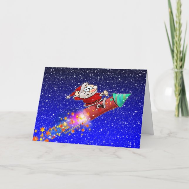 Funny Merry Santa Riding A New Years Rocket Holiday Card (Front)