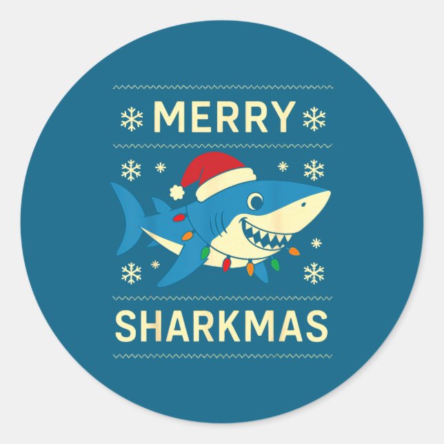 Funny Merry Sharkmas Christmas Shark Humor  Classic Round Sticker (Front)