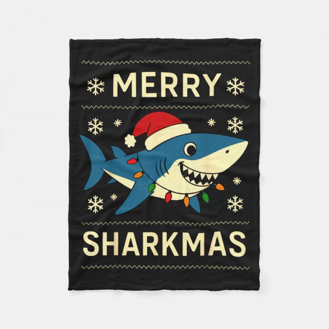 Funny Merry Sharkmas Christmas Shark Humor  Fleece Blanket (Front)