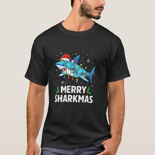 Funny Merry Sharkmas Cute Shark Santa Hat Ugly Chr T-Shirt (Front)