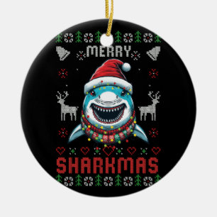 Funny Merry Sharkmas Ugly Christmas Shark Wearing Ceramic Ornament