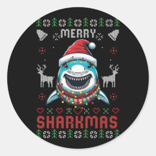 Funny Merry Sharkmas Ugly Christmas Shark Wearing  Classic Round Sticker