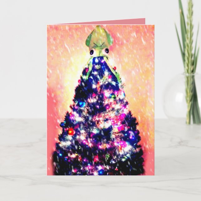 Funny Merry Squidmas Angry Squid Christmas Tree Holiday Card (Front)