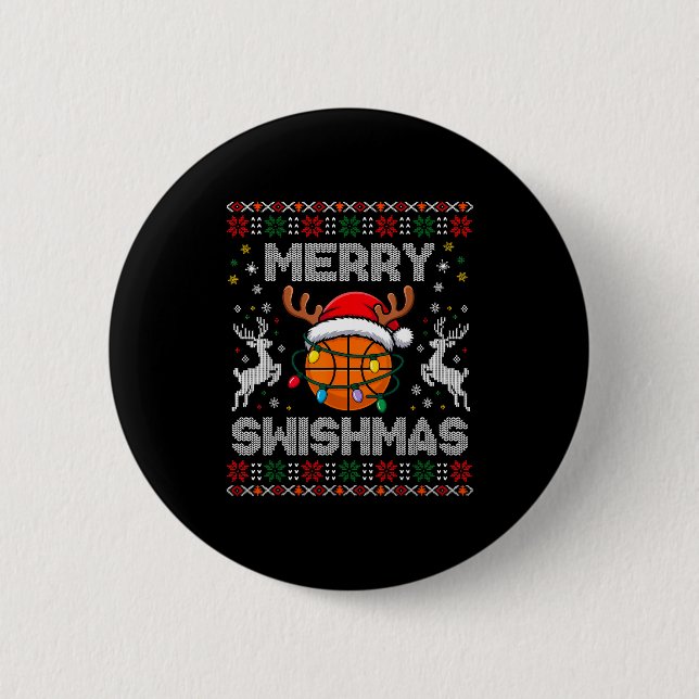 Funny Merry Swishmas Basketball Christmas Reindeer 6 Cm Round Badge (Front)