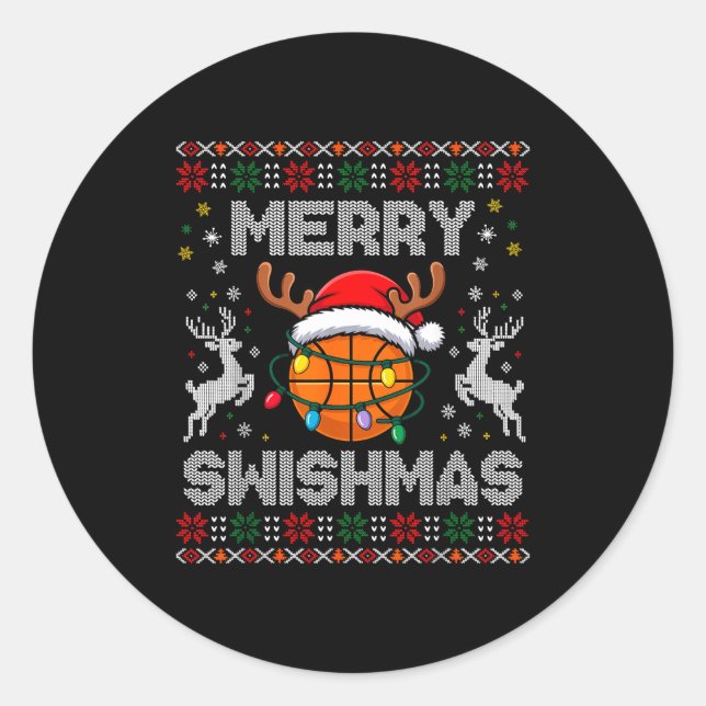 Funny Merry Swishmas Basketball Christmas Reindeer Classic Round Sticker (Front)