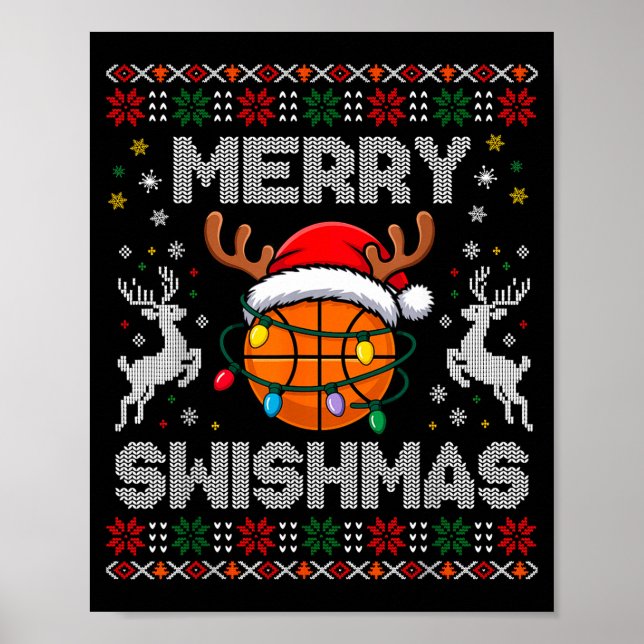 Funny Merry Swishmas Basketball Christmas Reindeer Poster (Front)