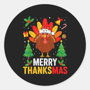 Funny Merry Thanksmas Happy Thanksgiving Santa Tur Classic Round Sticker