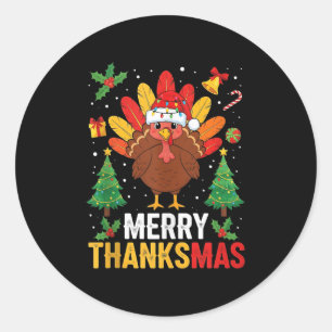 Funny Merry Thanksmas Happy Thanksgiving Santa Tur Classic Round Sticker