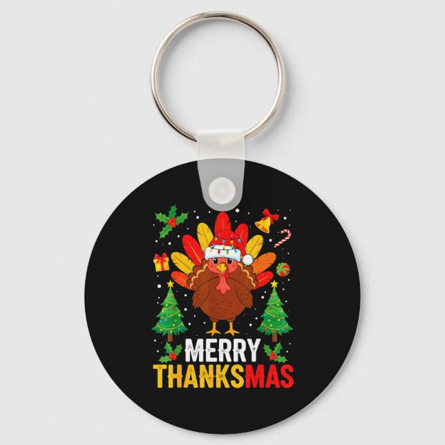 Funny Merry Thanksmas Happy Thanksgiving Santa Tur Key Ring (Front)