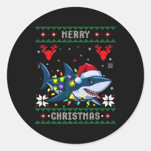 Funny Merry Ugly Christmas Shark Santa Hat Lights Classic Round Sticker