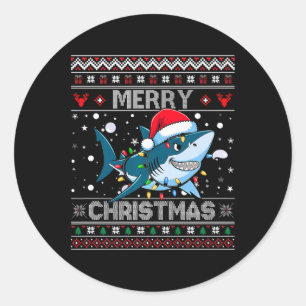 Funny Merry Ugly Christmas Shark Santa Hat Lights Classic Round Sticker