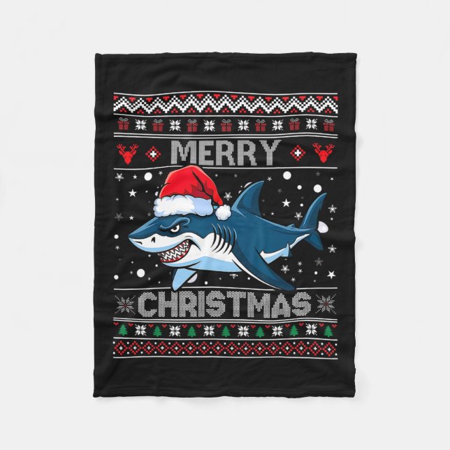 Funny Merry Ugly Christmas Shark Santa Hat Lights  Fleece Blanket (Front)