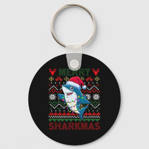 Funny Merry Ugly Christmas Shark Santa Hat Lights  Key Ring