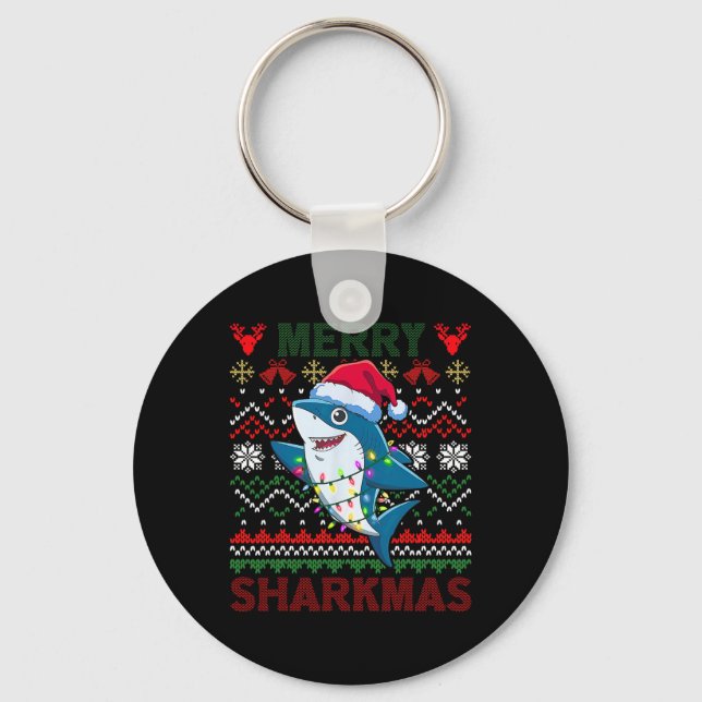 Funny Merry Ugly Christmas Shark Santa Hat Lights  Key Ring (Front)