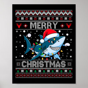 Funny Merry Ugly Christmas Shark Santa Hat Lights  Poster