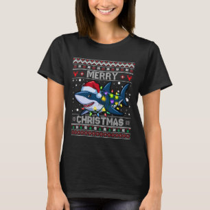 Funny Merry Ugly Christmas Shark Santa Hat Lights  T-Shirt