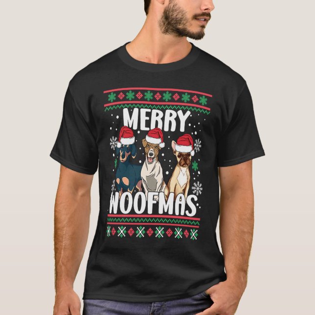 Funny Merry Woofmas Santa Claus Dogs Ugly Christma T-Shirt (Front)