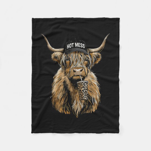 Funny mess cow holding leopard cup sarcastic  fleece blanket (Front)