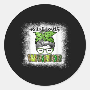 Funny Messy Bun Warrior Leopard Mental Health Awar Classic Round Sticker