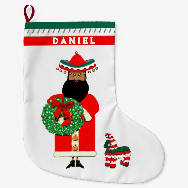 Funny Mexican Santa Large Christmas Stocking (Front)