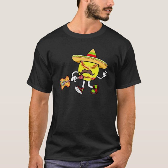 Funny Mexican Softball Ball Sombrero Guitar Cinco  T-Shirt (Front)