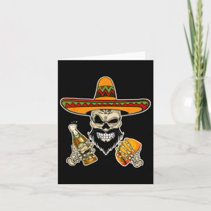 Funny Mexican Sugar Skull With Tacos And Beer Card