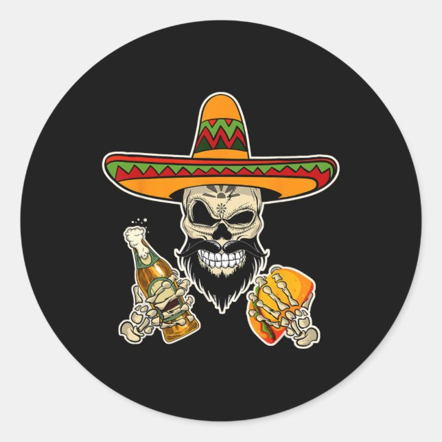 Funny Mexican Sugar Skull With Tacos And Beer  Classic Round Sticker (Front)