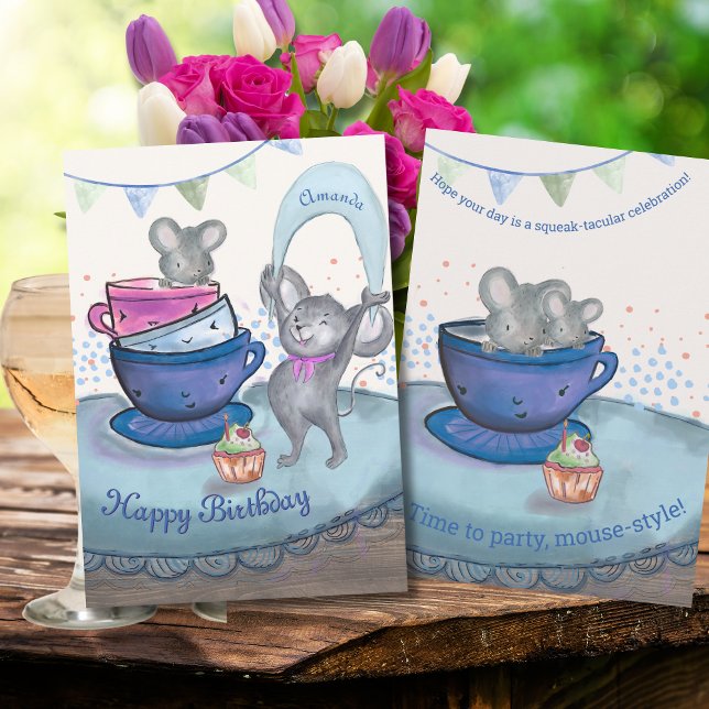 Funny  Mice in Teacup - Birthday Mice Cupcake Card (Funny Mice in Teacup - Birthday Mice Cupcake Card)