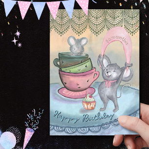 Funny  Mice Teacup Personalized Birthday Card