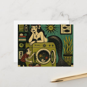 Funny Mid Century Sea Siren Laundry Day Postcard