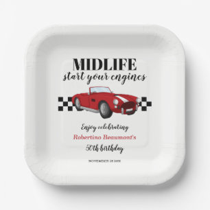 Funny Midlife Vintage Red Car 50th Birthday Paper Plate