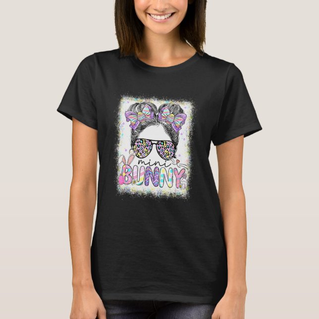 Funny Mini Bunny Messy Bun Leopard Easter Day Fami T-Shirt (Front)