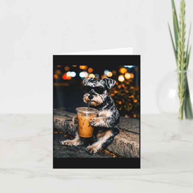 Funny Miniature Schnauzer Drinking Iced Coffee Card (Front)