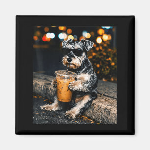 Funny Miniature Schnauzer Drinking Iced Coffee Magnet
