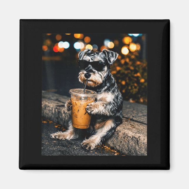 Funny Miniature Schnauzer Drinking Iced Coffee Magnet (Front)