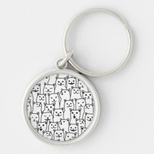 Funny Minimalist Black White Cat Line Art Pattern Key Ring