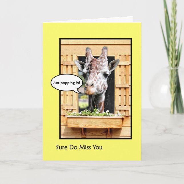 Funny Missing You, Cute Giraffe Through Window Card (Front)