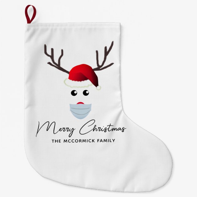 Funny Modern Christmas Reindeer Family Name Large Christmas Stocking (Front)